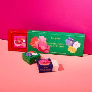 Huxter's Exfoliating Body Bar Trio Gift Box | Emerald with Mixed Florals with soaps displayed