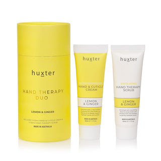 Huxter's hand therapy duo gift set in lemon & ginger with pale yellow canister includes hand & cuticle cream and therapy scrub in 50ml each