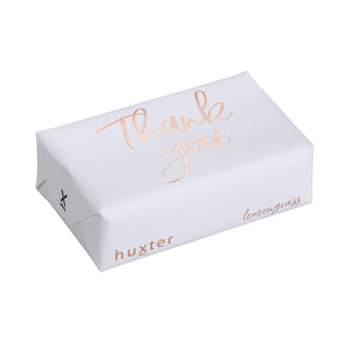 Huxter's Natural Lemongrass soap wrapped in 'Thank you' with White Rose Gold Foil cover.