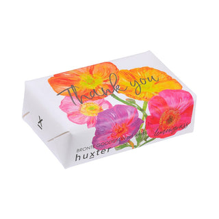 Huxter natural soap wrapped with Bronte Goodieson art series 'Multicolour Peony' & 'Thank you' cover