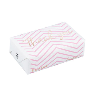 Huxter's Natural Frangipani soap wrapped in 'Thank You' with Pail Pink Chevron Stripe cover.