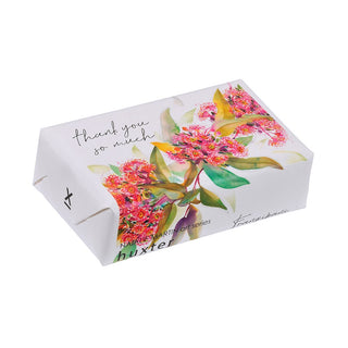 Huxter natural soap wrapped with Natalie Martin art series 'Ashmores Flowering Gum' cover
