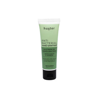 Huxter 50ml anti-bacterial hand sanitiser in green duo with bergamot and amber.  