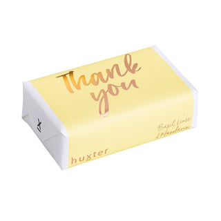Huxter's Natural Basil, Lime, & Mandarin soap wrapped in 'Thank you' with Lemon Rose Gold Foil cover.
