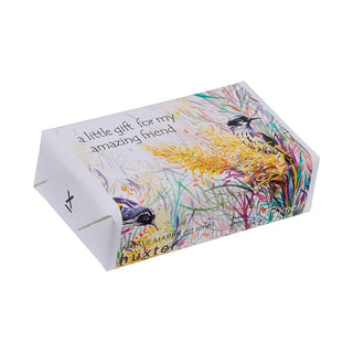 Huxter natural soap wrapped with Natalie Martin art series 'Honeyeaters in moonlight' cover