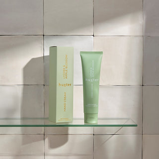 hand cream on bathroom shelf - green - 100 ml - lychee and apple blossom - Huxter Australia