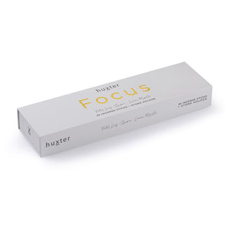 Huxter's 'focus' pale grey 35 pack incense sticks with violet leaf, amber and lemon myrtle box.