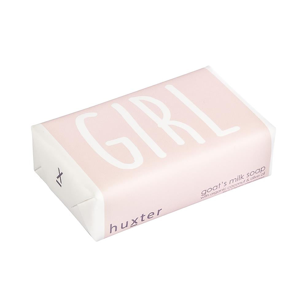 Huxter's goat's milk soap wrapped in pink cover with 'girl' 