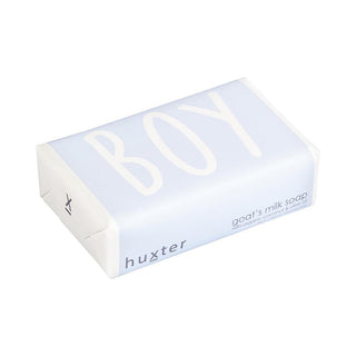 Huxter's Natural Goat's Milk Soap for boy with organic coconut and olive oil wrapped in pastel blue wrap. 