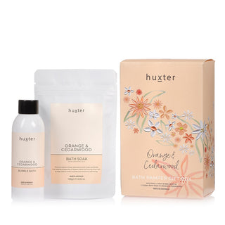 Huxter bath pamper gift box with florals with inclusions bubble bath and bath soak in orange. 