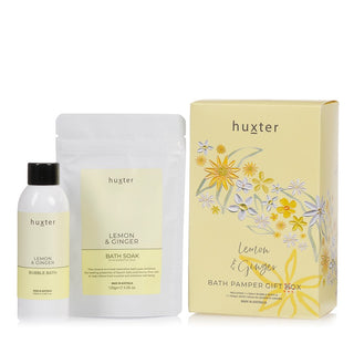 Huxter bath pamper gift box with florals with inclusions bubble bath and bath soak in pastel yellow. 