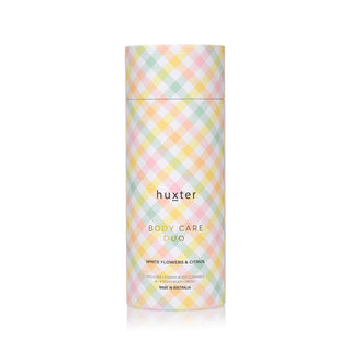 Huxter's body care duo pastel check canister in white flowers & citrus fragrance