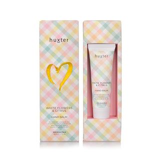 Huxter 50m hand balm gift box with white flowers & citrus fragrance pastel checks design