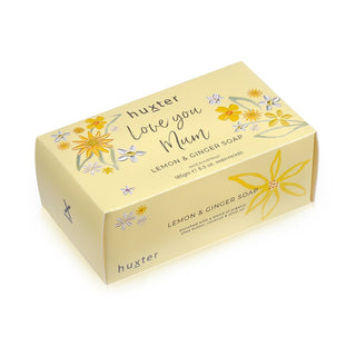 Huxter 185gm 'love you mum' natural soap with lemon & ginger essential oils floral pastel yellow box