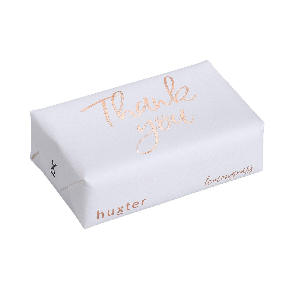 Huxter's Natural Lemongrass soap wrapped in 'Thank you' with White Rose Gold Foil cover.