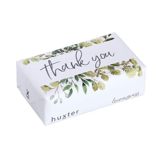 Huxter's natural lemongrass soap wrapped in 'thank you' green leaves artwork in white cover. 