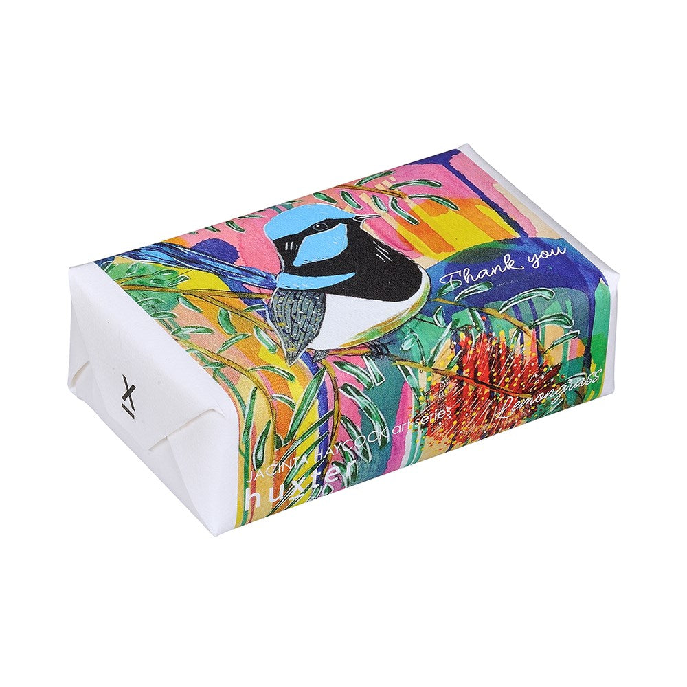 Huxter Art Series Natural Lemongrass Soap wrapped with Jacinta Haycock 'Blue Wren' artwork
