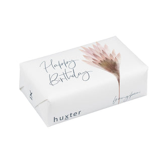 Huxter's Natural Frangipani soap wrapped in 'Pale Pink Flower' with Happy Birthday cover.