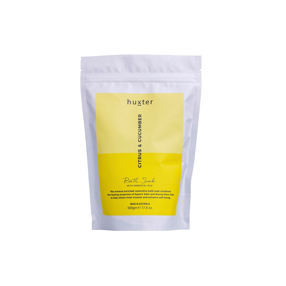 Huxter 500gm bath soak with citrus & cucumber in yellow