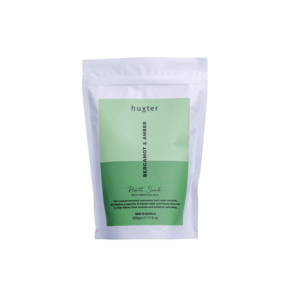 Huxter 500gm bath soak with bergamot & amber in green
