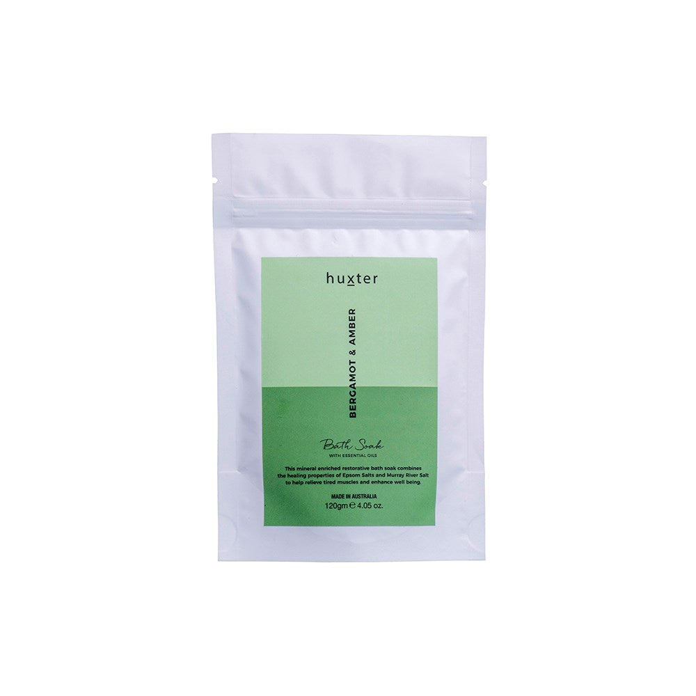 Huxter 120gm bath soak with bergamot & amber in green