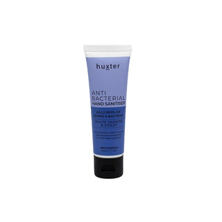 Huxter 50ml anti-bacterial hand sanitiser in blue duo with white jasmine and violet.  