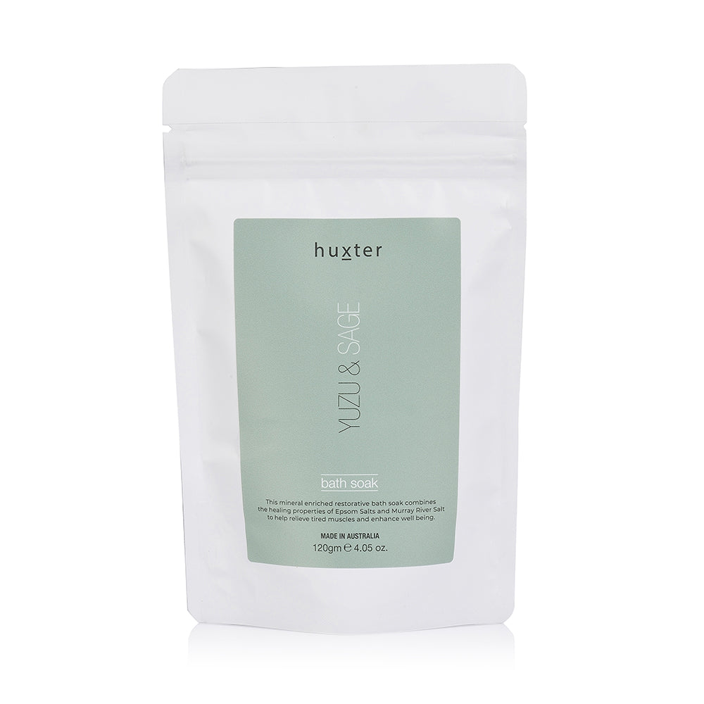 Huxter 120gm bath soak with yuzu & sage in green