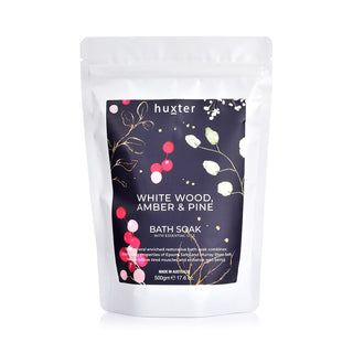 Huxter bath soak with white wood, amber & pine at 500gm in Navy with Christmas theme design