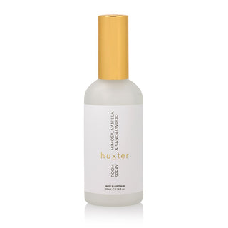 Huxter's 100ml room mist in white glass bottle spray, fragranced in mimosa, vanilla & sandalwood scents.