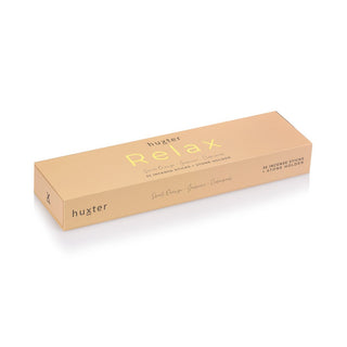 Huxter's 'relax' pale orange 35 pack incense sticks with sweet orange, jasmine, and cedarwood box. 