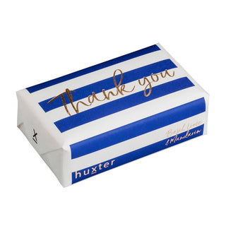 Huxter's Natural Basil, Lime, & Mandarin soap wrapped in 'Thank you' with Navy Stripes Rose Gold Foil cover.