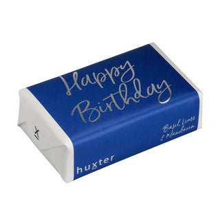 Huxter natural soap wrapped with 'Happy Birthday' with Navy Silver Foil cover