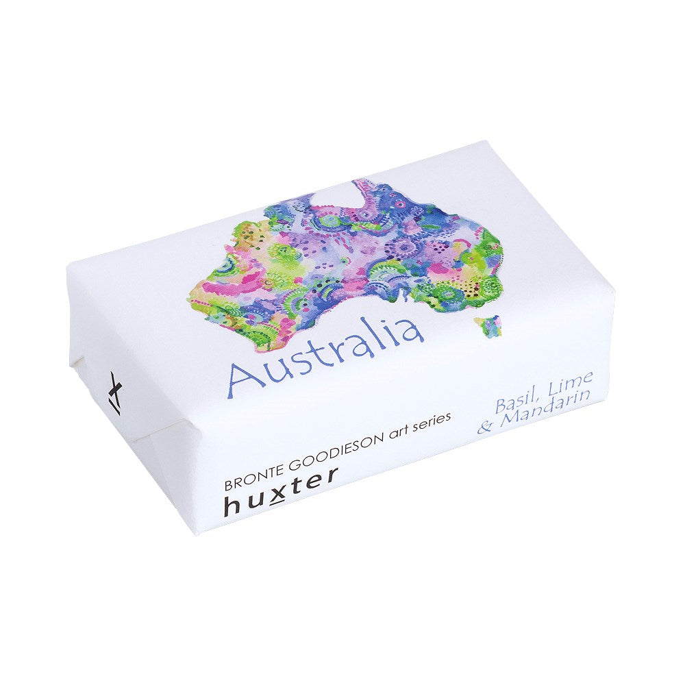 Huxter Art Series Natural Basil, Lime, and Mandarin Soap wrapped with Bronte Goodieson art series 'Blue Map of Australia' artwork