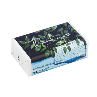 Huxter Art Series Natural Basil, Lime & Mandarin Soap wrapped with Rachel Little art series 'Winter Bay Leaf' with cover Thank you artwork
