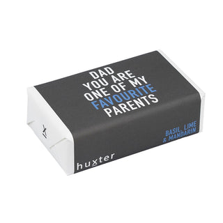 Huxter's Natural basil, lime, & mandarin soap wrapped in 'Dad - You are one of my favourite parents' cover.