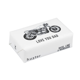Huxter's Natural Basil, Lime, & Mandarin soap wrapped in 'Love You Dad' with black motorbike design cover.