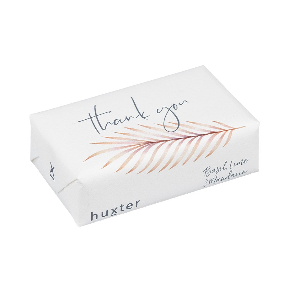 Huxter's Natural Basil, Lime, & Mandarin soap wrapped in 'Pale Pink Leaf' with Thank You cover.