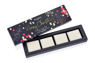 Huxter's Soap gift box of 4 x 50gm soap with white wood, amber & pine fragrances in Navy Xmas berries designed box.