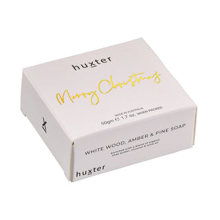 Huxter 50gm White Wood, Amber & Pine Natural Soap with 'Merry Christmas' White cover in a box.