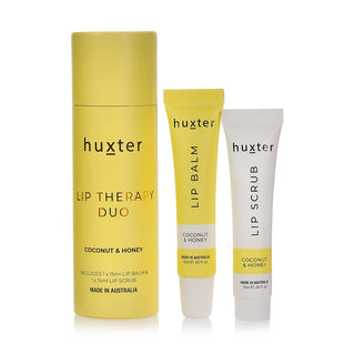 Huxter's Lip therapy duo coconut & honey scrub and balm in pale yellow canister