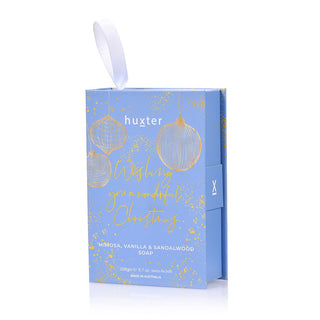 Huxter's 200gm soap book hanging in Blue 'Wishing You Wonderful Christmas' with Xmas Baubles design, and with mimosa, vanilla & sandalwood scents.