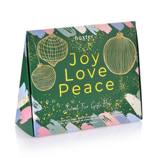 Huxter's Travel trio with Mimosa, Vanilla. & Sandalwood fragrance, designed in Green Xmas Baubles 'Joy, Love, Peace' box.