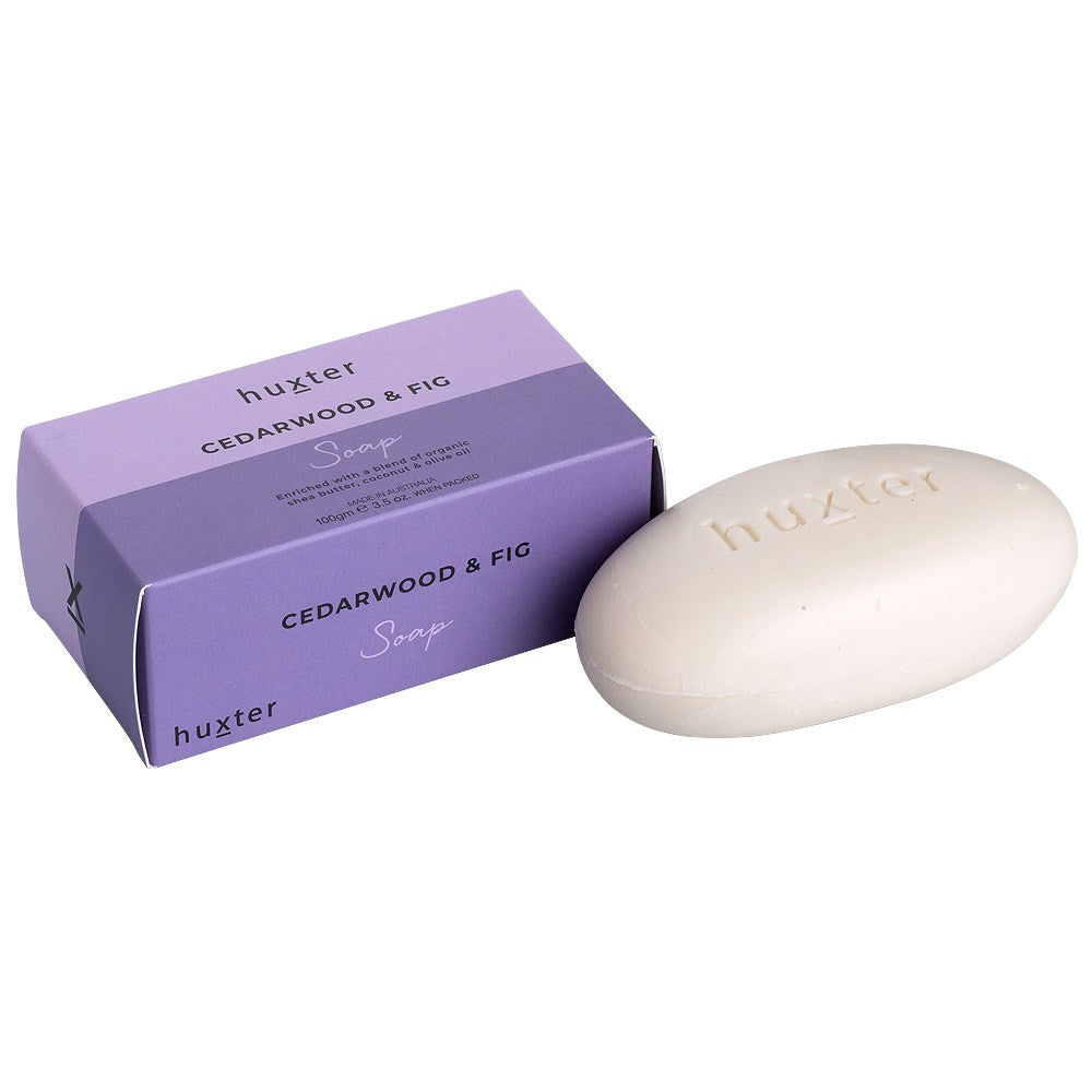 Huxter 110gm duo bath soak with cedarwood & fig in purple box