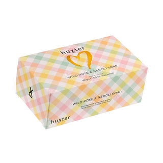 Huxter 185gm natural soap with wild rose & neroli essential oils foil heart pastel checks box