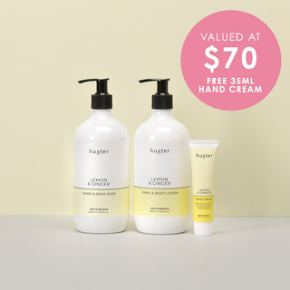 Huxter hand & body soap & lotion gift set with lemon and ginger. 