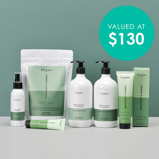 Huxter's Luxury hand & body gift set including all products in bergamot & amber fragrance at $130
