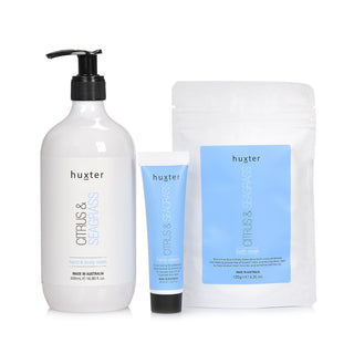 Huxter cleanse & revive gift pack with inclusions hand & body wash, bath soak, and hand cream in pastel blue color. 