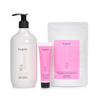 Huxter cleanse & revive gift pack with inclusions hand & body wash, bath soak, and hand cream in pastel pink color. 
