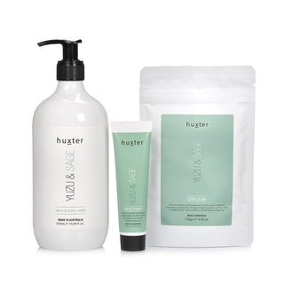Huxter cleanse & revive gift pack with inclusions hand & body wash, bath soak, and hand cream in pastel green color. 